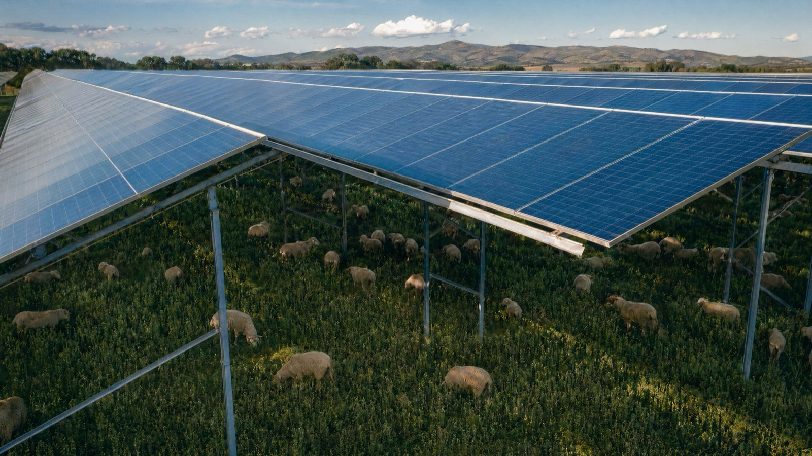 Agrivoltaica · paneles solares con ovejas pastando