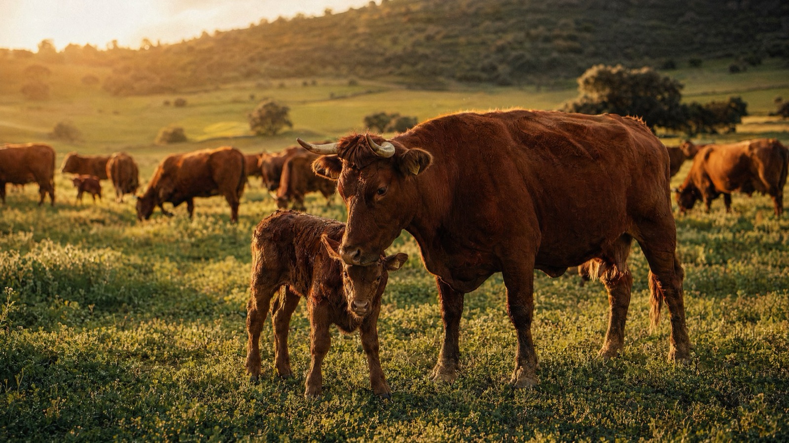 Ganadería extensiva · vacas retintas con crías · dehesa ibérica